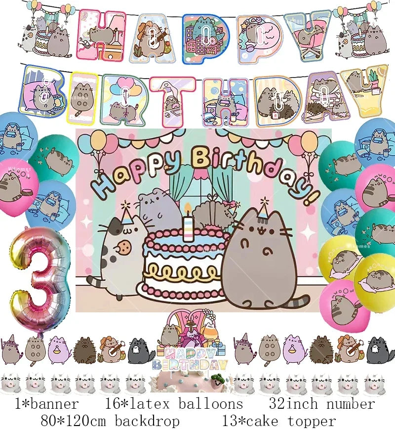 Pusheen Cat Birthday Party Decorations - Cartoon Pet Theme Balloons, Banner, Backdrop, Cake Topper, and Baby Shower Stickers
