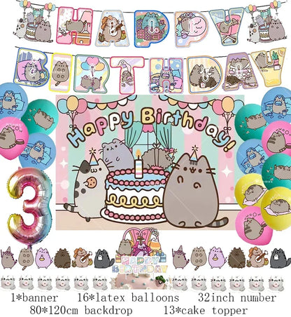 Pusheen Cat Birthday Party Decorations - Cartoon Pet Theme Balloons, Banner, Backdrop, Cake Topper, and Baby Shower Stickers