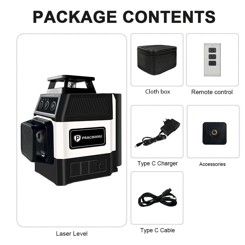 Pracmanu Mini 12-Line 3D Laser Level – 360° Self-Leveling Horizontal & Vertical Green Beam Laser