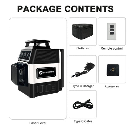 Pracmanu Mini 12-Line 3D Laser Level – 360° Self-Leveling Horizontal & Vertical Green Beam Laser