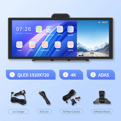 Imagebon 11.4″ H70 Pro 4K QLED Dash Cam - Wireless CarPlay & Android Auto, Dual Recording, Night Vision Car DVR