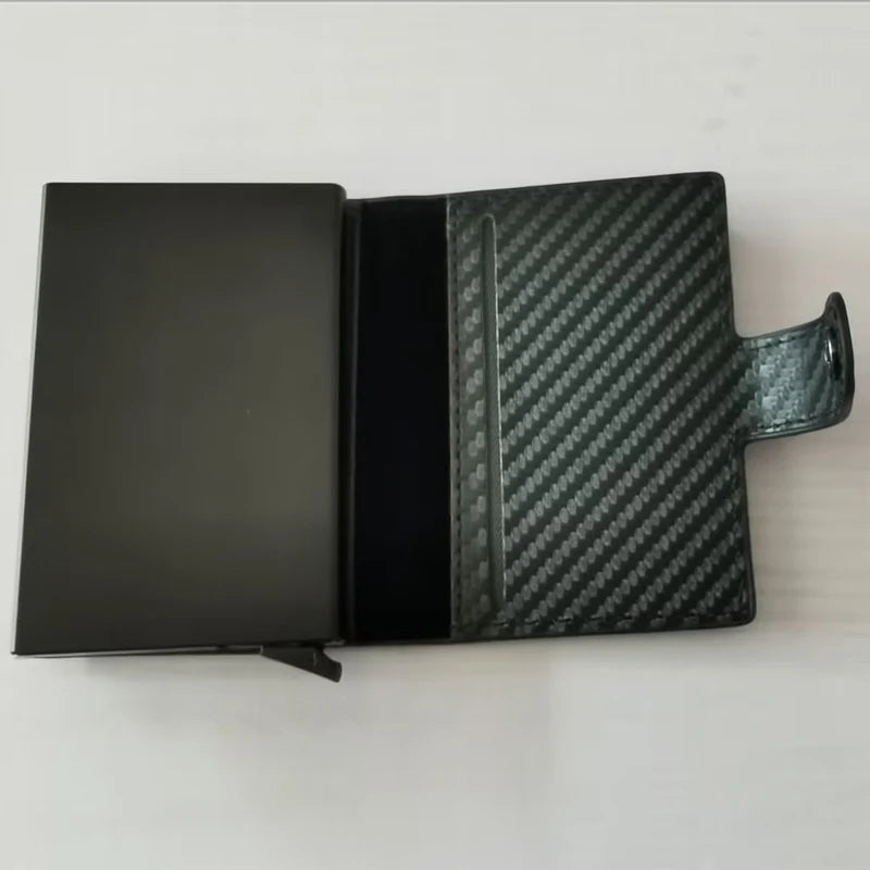 Carbon Fiber RFID Pop-Up Metal Wallet for Men – Slim Minimalist Credit Card Holder Black Purse