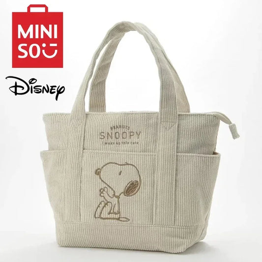 MINISO Disney Snoopy Corduroy Tote Bag - Casual Large Capacity Handbag with Zipper, Ideal for Students