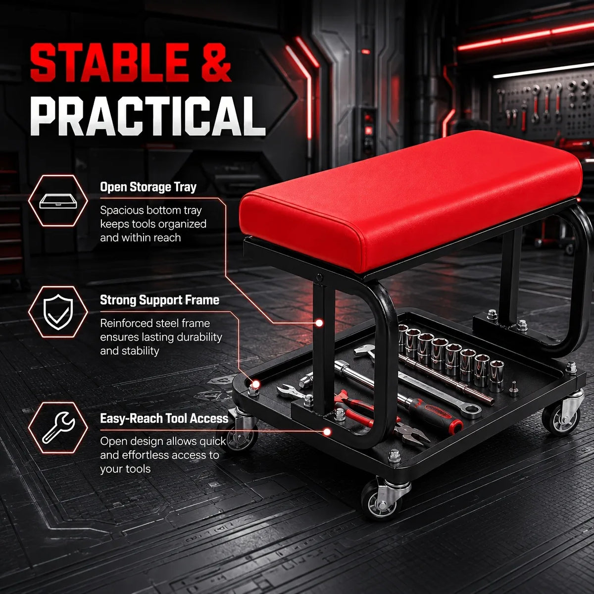 3-in-1 Rolling Auto Repair Creeper Seat - Foldable Adjustable Garage Tool Tray, 300 lb Capacity
