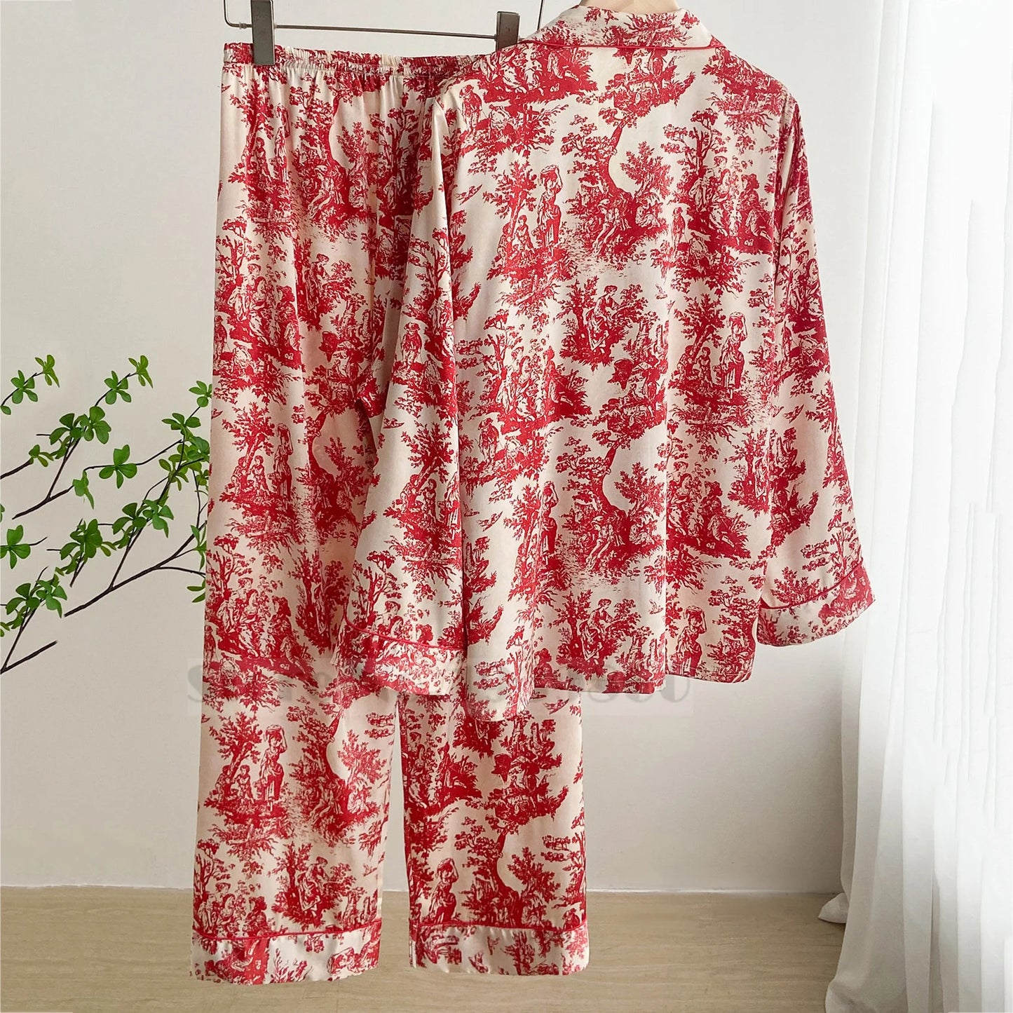 Fashion Floral Print Satin Pajamas Set for Women – Spring Summer Loose Sleepwear Loungewear Homewear Suit