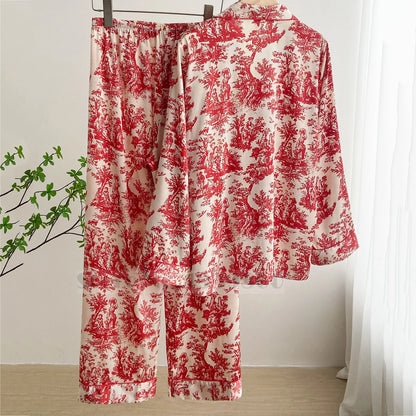 Fashion Floral Print Satin Pajamas Set for Women – Spring Summer Loose Sleepwear Loungewear Homewear Suit