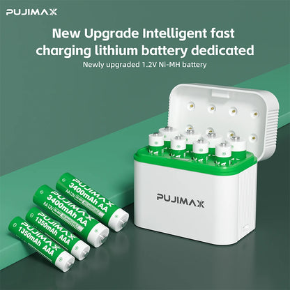 PUJIMAX LED Display 8-Slot Battery Charger – AA/AAA NiMH/NiCd 1.2V Rechargeable Battery Charger with Indicator