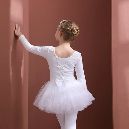 Girls Ballet Tutu Dress — Kids Short & Long Sleeve Tulle Leotard with Bowknot for Dance, Gymnastics & Party