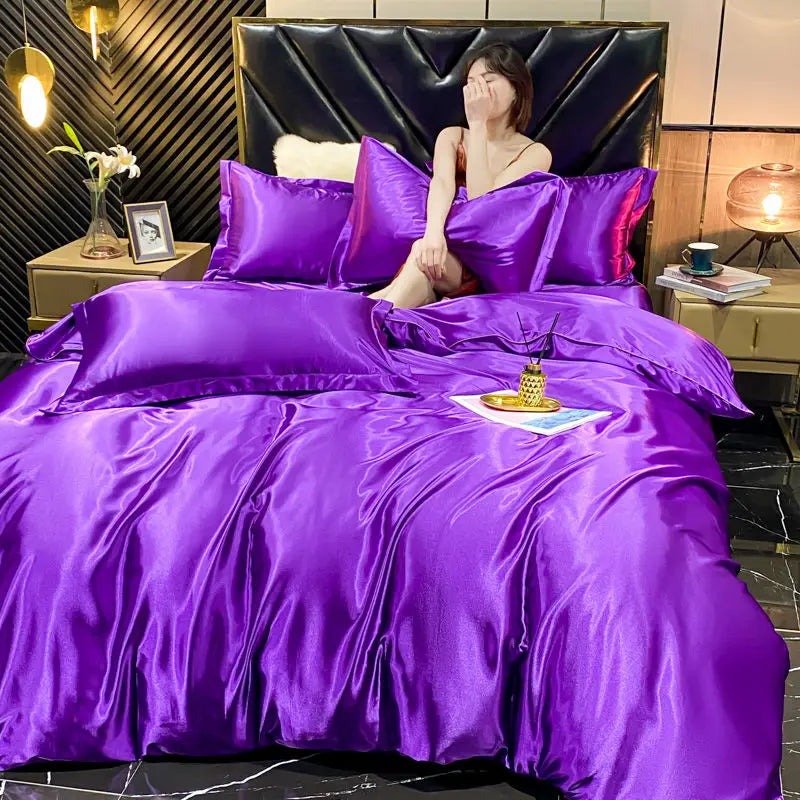 Solid Rayon Silk Bedding Set - Luxury Satin Duvet Cover Bed Sheet Pillowcase Set For King Single Double Couple Beds