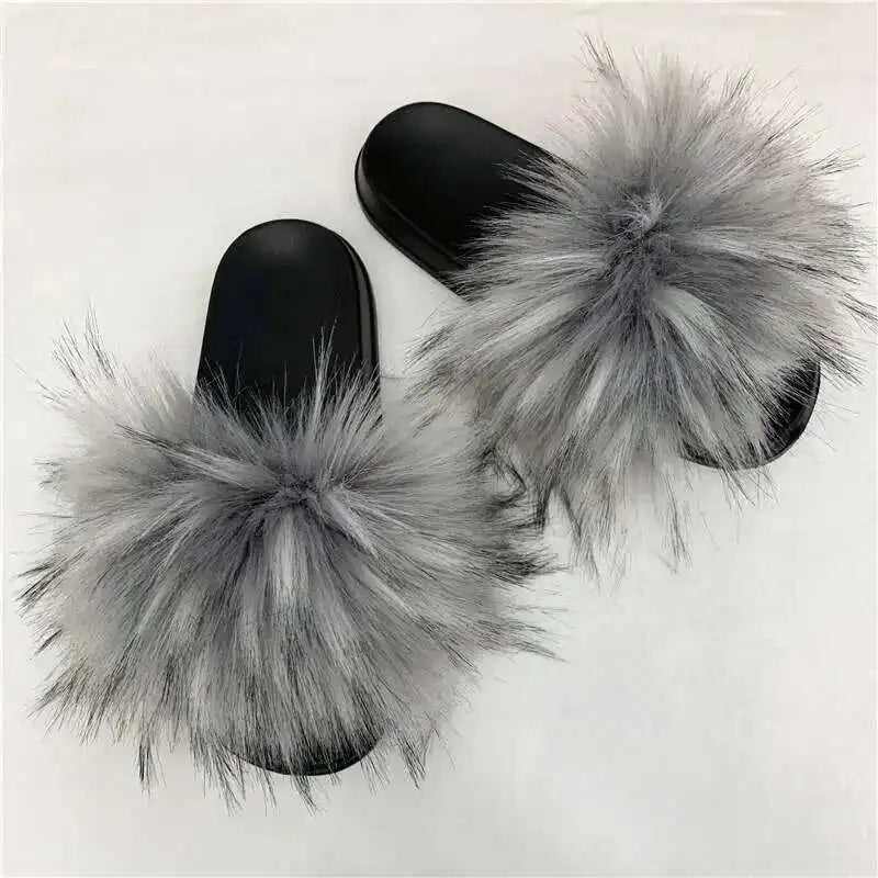 Summer Faux Fur Slippers for Women – Indoor Plush Furry Slides, Fluffy Flip Flops & Casual House Shoes