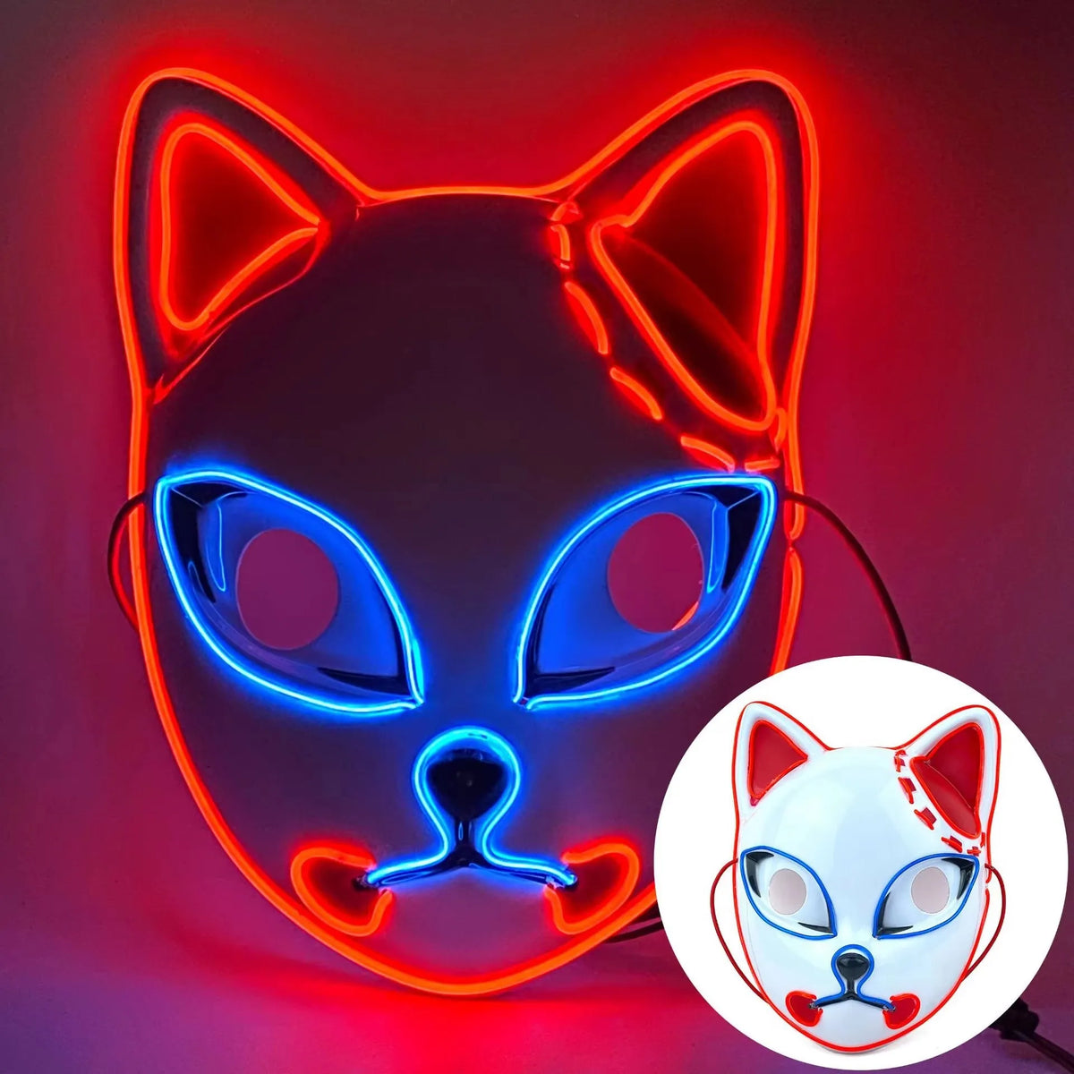 Demon Slayer LED Light-Up Mask – Glowing Anime Cat & Fox Face Cosplay Mask for Halloween, Parties & Costumes