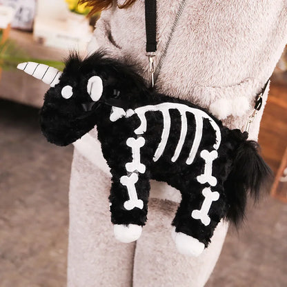 Dark Punk Unicorn Backpack – Gothic Pink Plush Flying Horse Skeleton Stuffed Crossbody Bag, High-Quality Gift for Friends