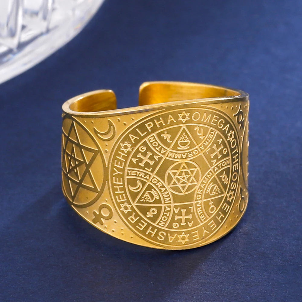 Witchcraft Pentagram Tetragrammaton Ring - Stainless Steel Pentacle Protection Amulet Ring for Men