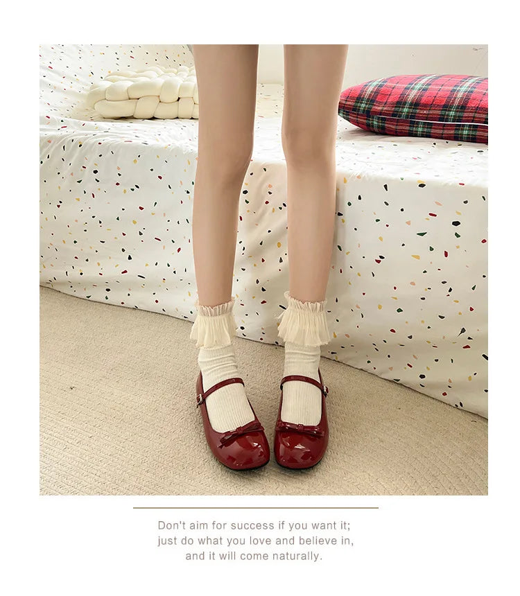 Spring Autumn Wine Red Mary Jane Shoes – Women’s Low Heel Leather Flats with Butterfly Knot & Round Toe