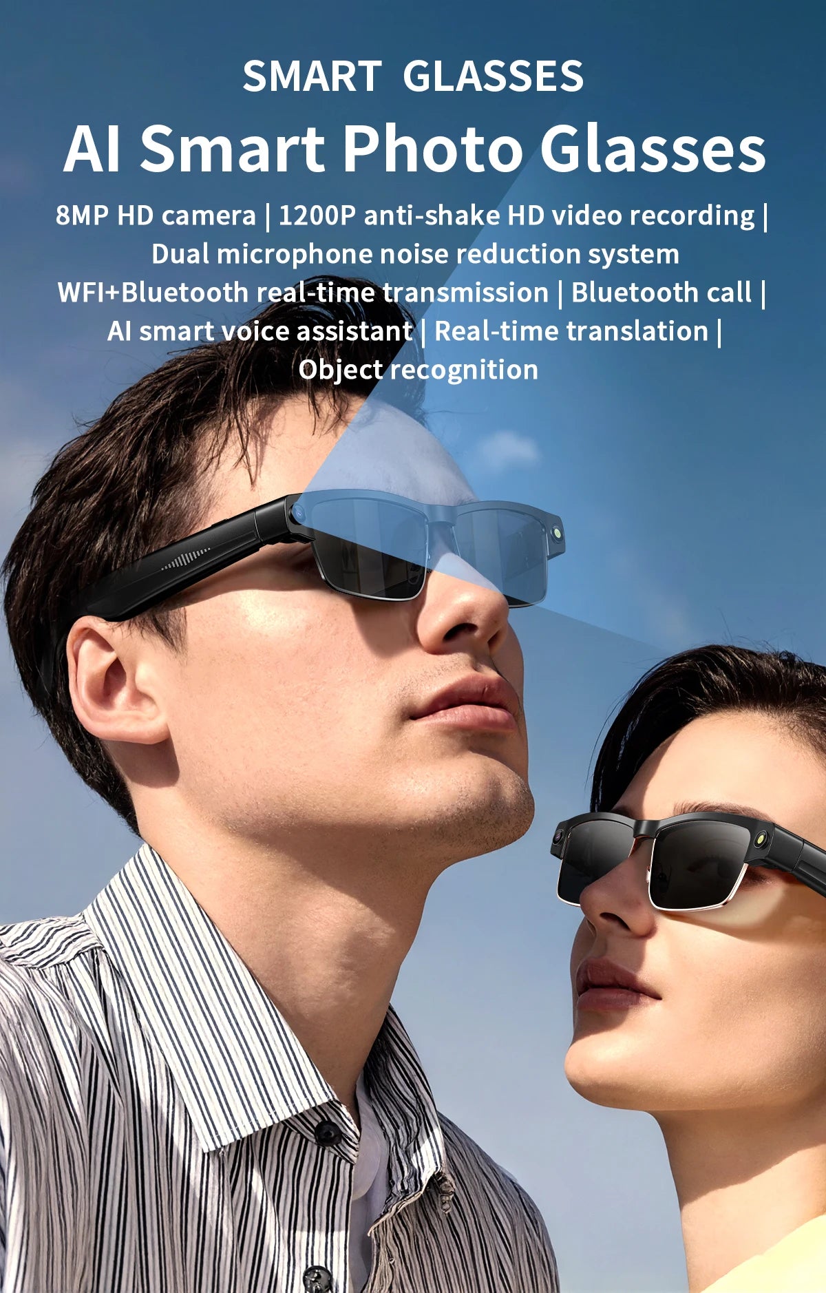 AI Smart Camera Glasses — 8MP with Bluetooth for Calls & Music, Object Recognition, and AI Translation