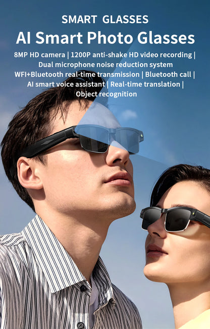 AI Smart Camera Glasses — 8MP with Bluetooth for Calls & Music, Object Recognition, and AI Translation