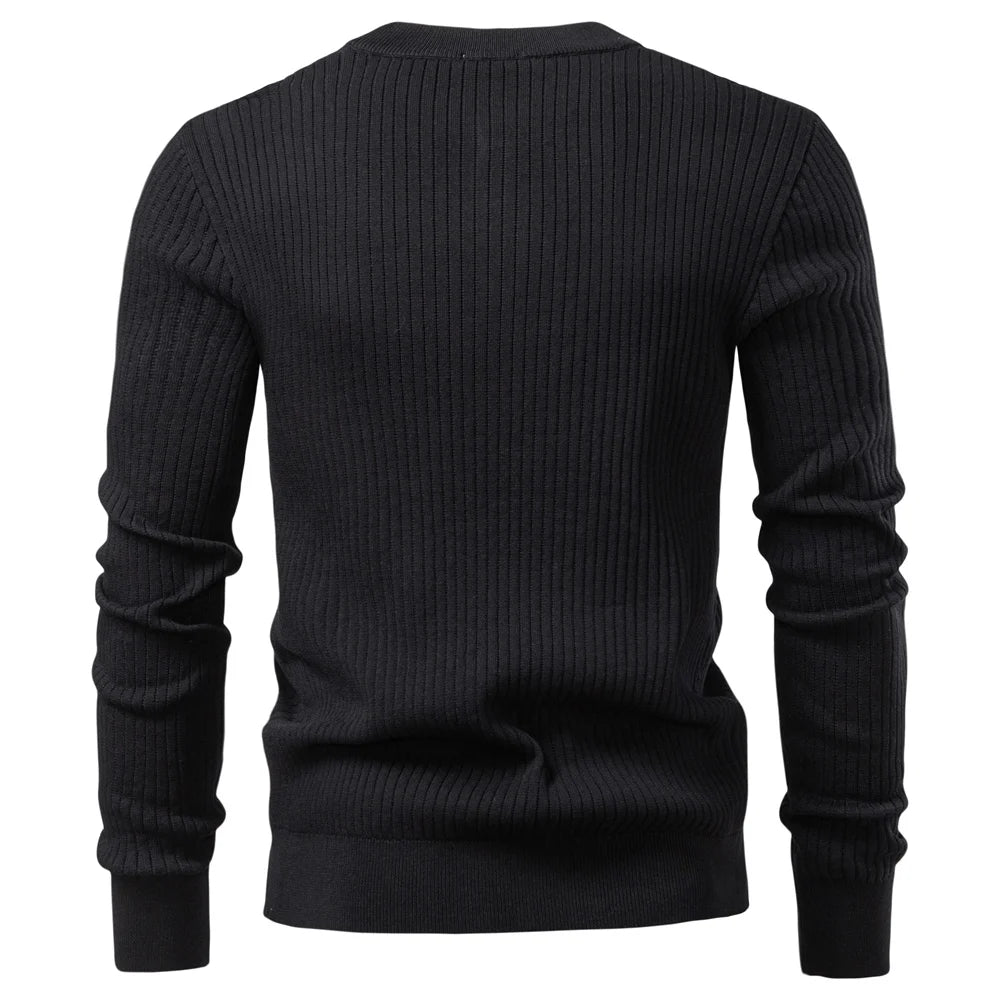Men's Ribbed Stripe Polo Shirt - Long Sleeve Button Placket Premium Business Casual Top