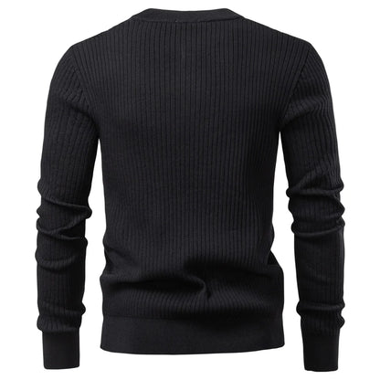 Men's Ribbed Stripe Polo Shirt - Long Sleeve Button Placket Premium Business Casual Top