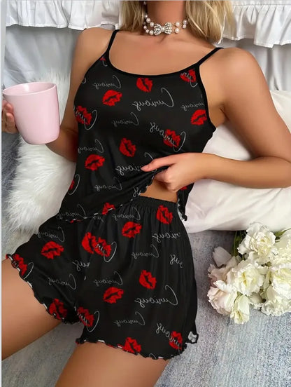 Women's Leopard Print Pajama Set – Sexy Summer Cami Top & Elastic Waist Shorts for Home & Lounge