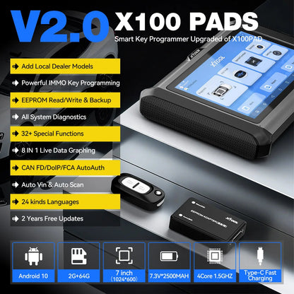 XTOOL X100 PADS Car Key Programmer & Generator – All-System PIN Code Reader, CANFD DOIP FCA V2.0 Automotive Diagnostic Scanner