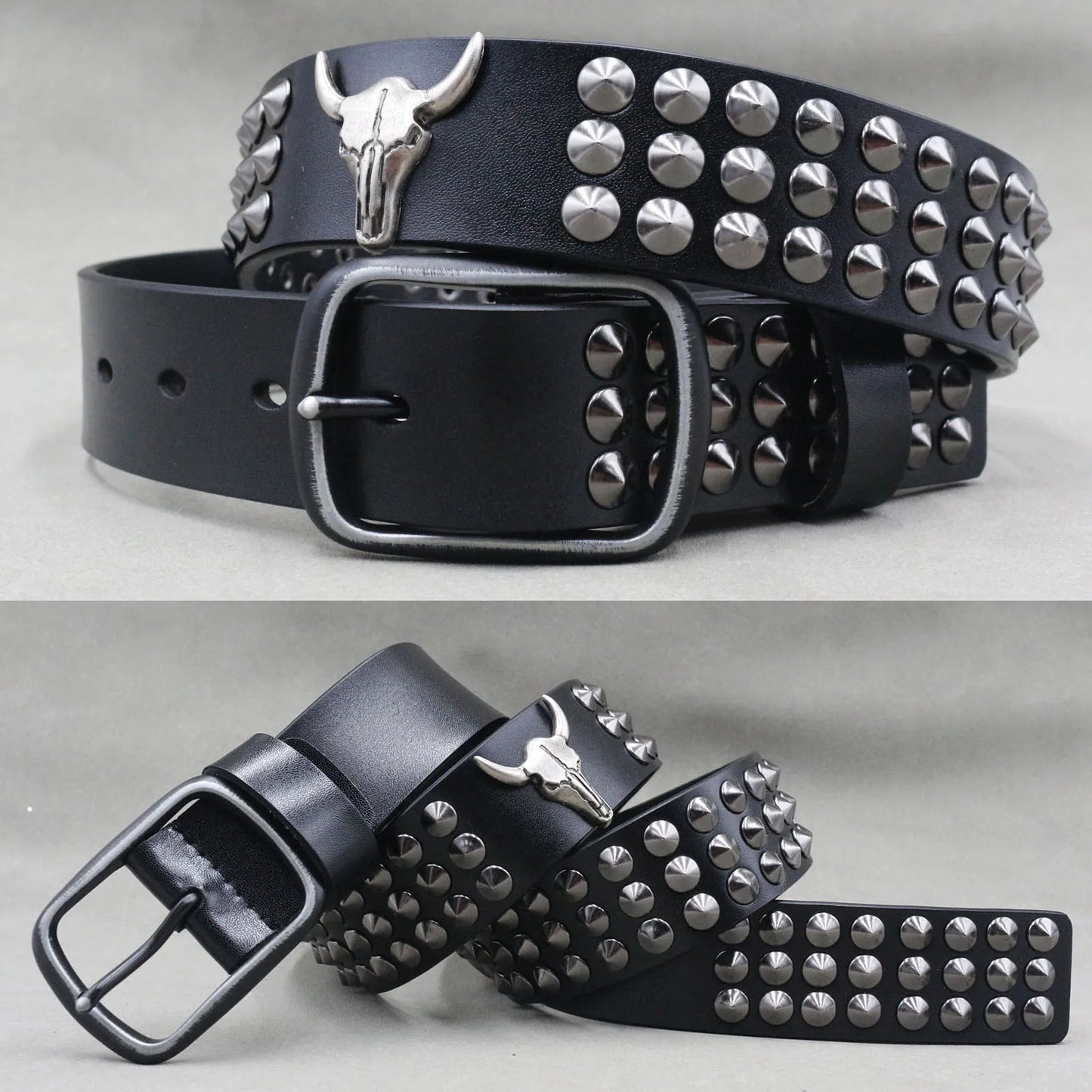 Men’s Designer Rivet Belt – Genuine Cowhide Leather Punk Rock Pin Belt for Jeans, Luxury Black Leather Belt