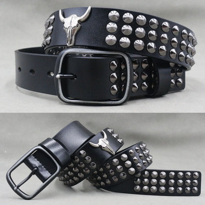 Men’s Designer Rivet Belt – Genuine Cowhide Leather Punk Rock Pin Belt for Jeans, Luxury Black Leather Belt