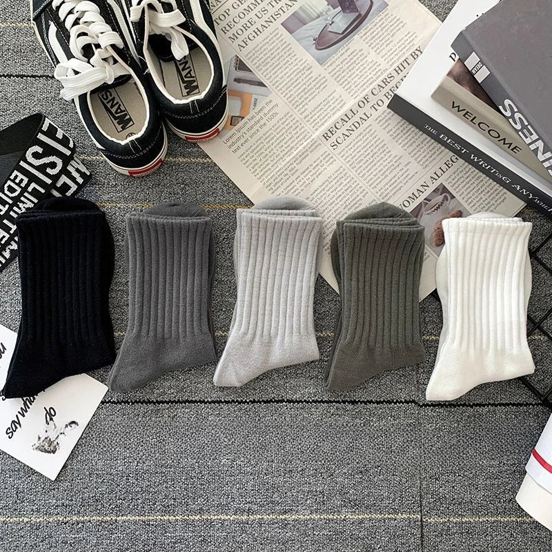 5 Pairs Cool Men's Socks Set – Black & White, Warm Autumn/Winter Sport Short Socks, Solid Color for Men