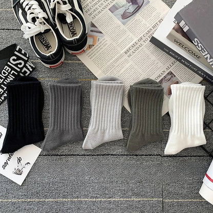 5 Pairs Cool Men's Socks Set – Black & White, Warm Autumn/Winter Sport Short Socks, Solid Color for Men