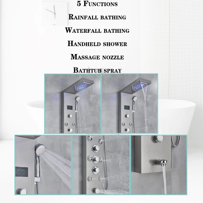 LED Light Bathroom Shower Faucet Set - Rainfall Shower Panel System with Temperature Display, Water Mixer Tap, and SPA Massage Feature