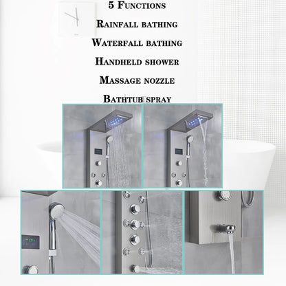 LED Light Bathroom Shower Faucet Set - Rainfall Shower Panel System with Temperature Display, Water Mixer Tap, and SPA Massage Feature