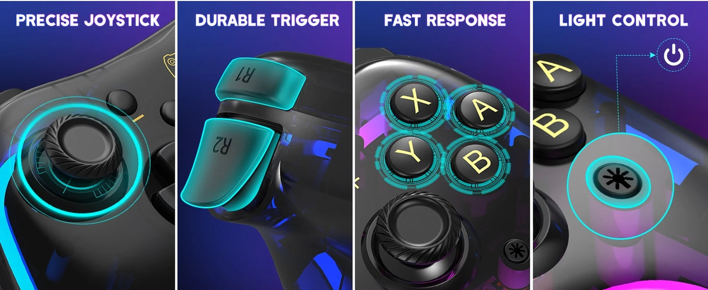Controller 7039 for Nintendo Switch – Transparent Gamepad with RGB Lights, Turbo, Wake-Up, Multi-Platform & App Support