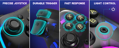 Controller 7039 for Nintendo Switch – Transparent Gamepad with RGB Lights, Turbo, Wake-Up, Multi-Platform & App Support