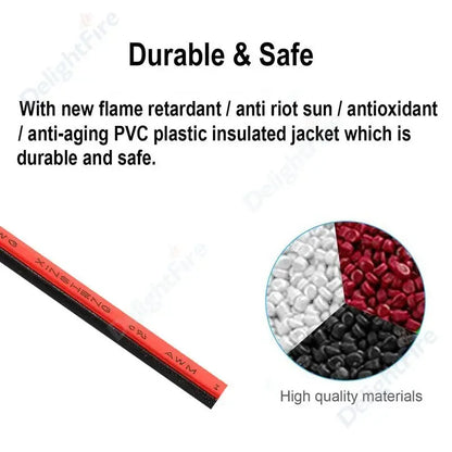 2-PIN Electrical Wire – Tinned Copper PVC Insulated Red & Black Cable for LED Strip Light Extension, 18/26/28 AWG