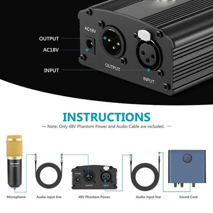 48V Phantom Power Supply Kit - XLR 3-Pin Microphone Cable & Adapter for Condenser Recording Mics