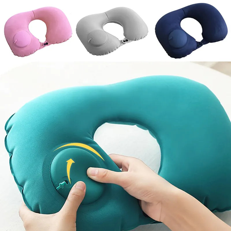 Foldable Travel U-Shape Neck Pillow - Portable Press-Inflatable Cushion for Airplane and Car Rest