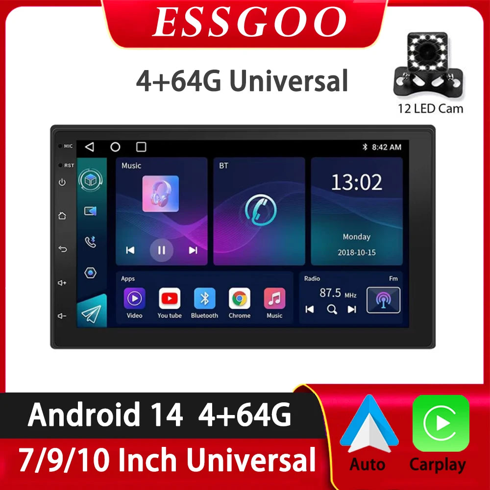 ESSGOO 2DIN Car Radio – Wireless CarPlay Android Auto GPS Navigator MP5 Player with 7"/9" Glass Touchscreen, Wi-Fi, FM & Bluetooth Car Stereo