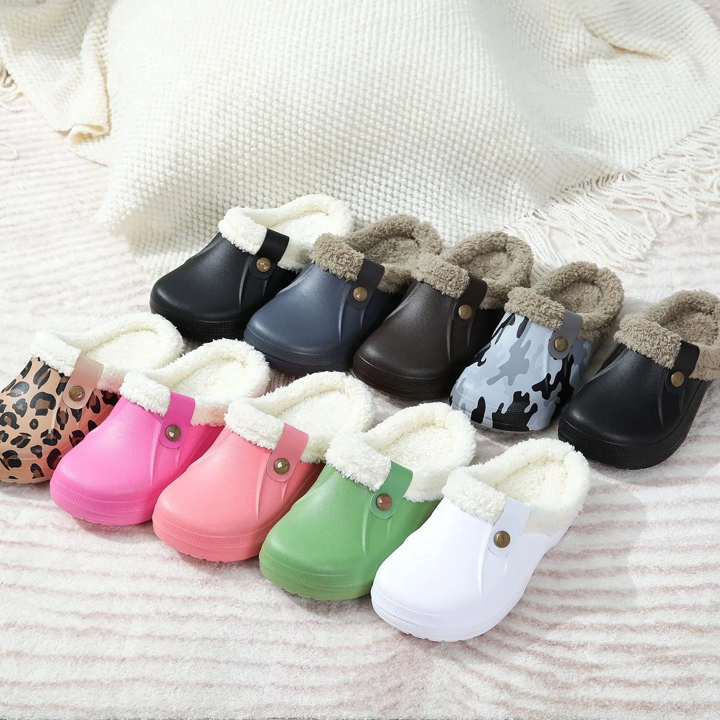 Comwarm New Fuzzy House Slippers for Men and Women - Winter Waterproof Garden Shoes with Soft Plush, Warm Outdoor Furry Clogs