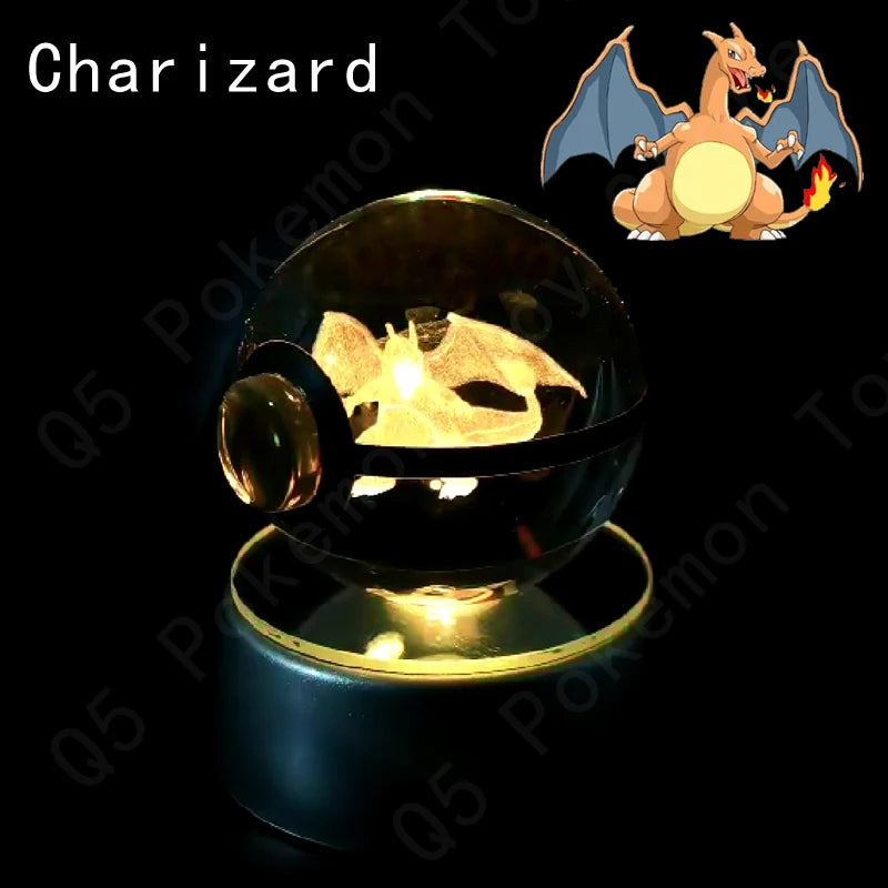 Pokemon 3D Crystal Ball Figurine — Pikachu, Gengar, Mew, Mewtwo Glass Statue with Lamp Base, Kids Birthday Gift