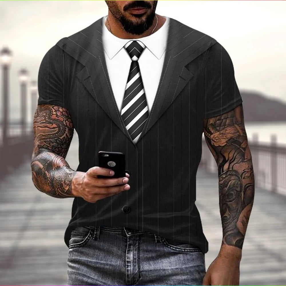 3D Fake Suit T-Shirt - Funny Tailcoat & Bow Graphic Summer Casual Tee