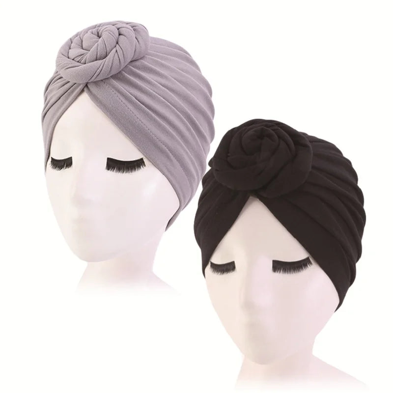 Stylish Headwear Set: 2pcs/lot Cotton Turban Top Knot Flower Decor Headwrap - Muslim Ladies Hair Cover Beanie - Solid Color India Hat for Women
