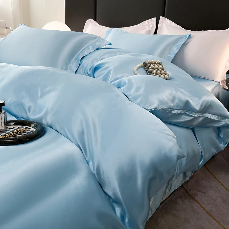 Nordic Satin Silk Bedding Set – Luxury Duvet Cover, Bed Sheet & Pillowcases for Single, Double & Couple Beds