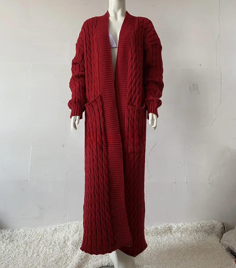Women’s Long Knit Cardigan with Pockets – Vintage Full Sleeve Thick Autumn Winter Sweater Coat