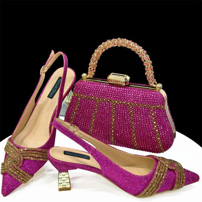 Venus Chan Women’s Champagne Shoe & Bag Set - Rhinestone Heels and Handbag for Nigerian Parties & Weddings