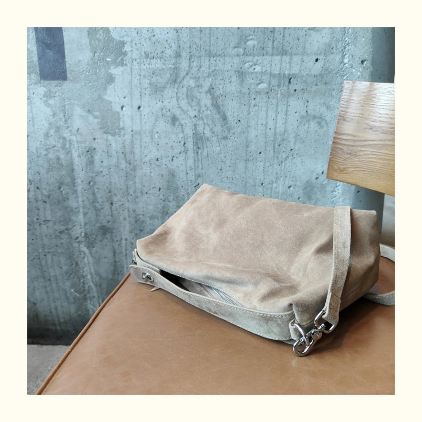 Simple Autumn Winter Grey & Brown Boston Tote — Soft Matte Suede Cow Leather Women's Shoulder Handbag