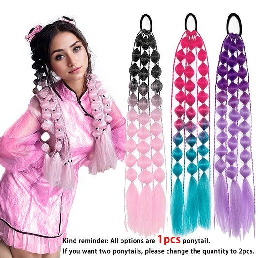 Colorful Bubble Braid Ponytail Extension – Long Lantern Braided Synthetic Hairpiece with Tie