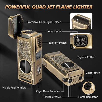 4 Jet Flame Cigar Lighter – Refillable Butane Lighter with V-Cut Cutter, Punch, Holder & Draw Enhancer