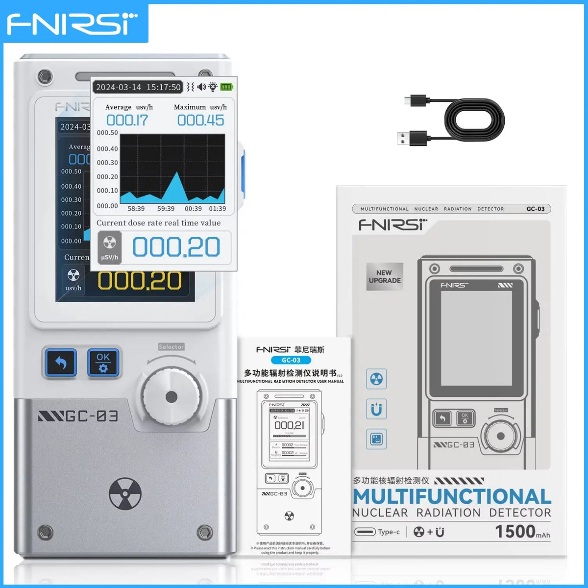 FNIRSI GC-03 3-in-1 Electromagnetic Radiation Detector - Electric, Magnetic & RF Field Meter with Temperature Monitor