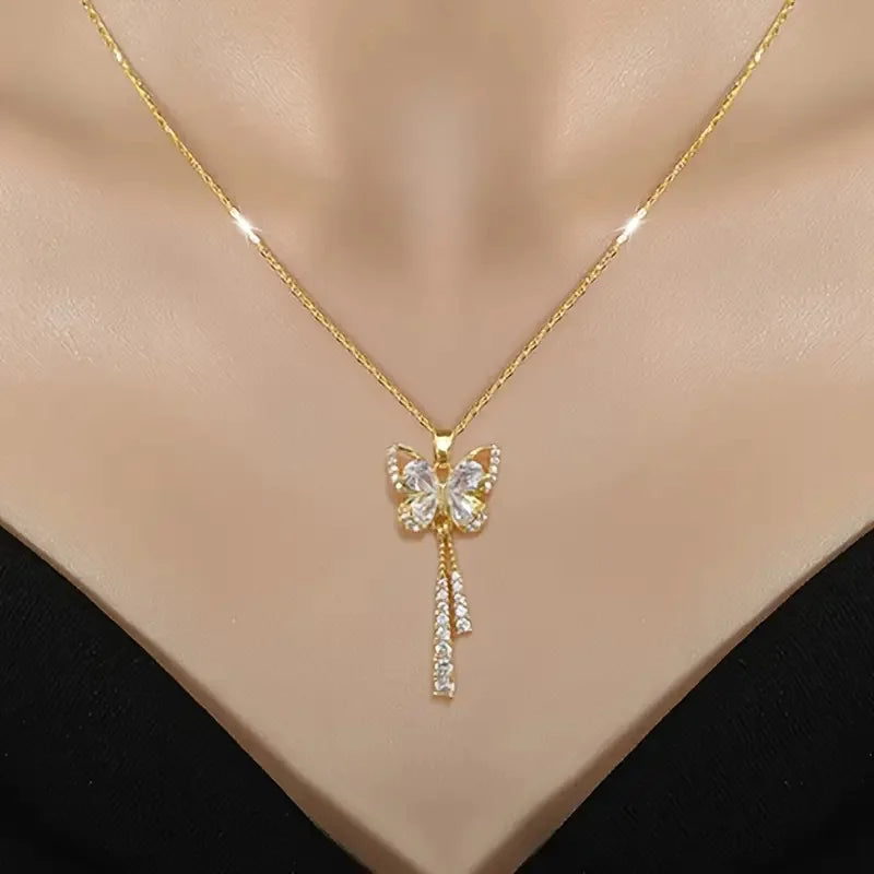 Exquisite Micro Inlaid Zircon Butterfly Tassel Necklace – Titanium Steel, Perfect Gift for Fashion-Forward Women