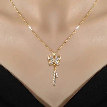 Exquisite Micro Inlaid Zircon Butterfly Tassel Necklace – Titanium Steel, Perfect Gift for Fashion-Forward Women