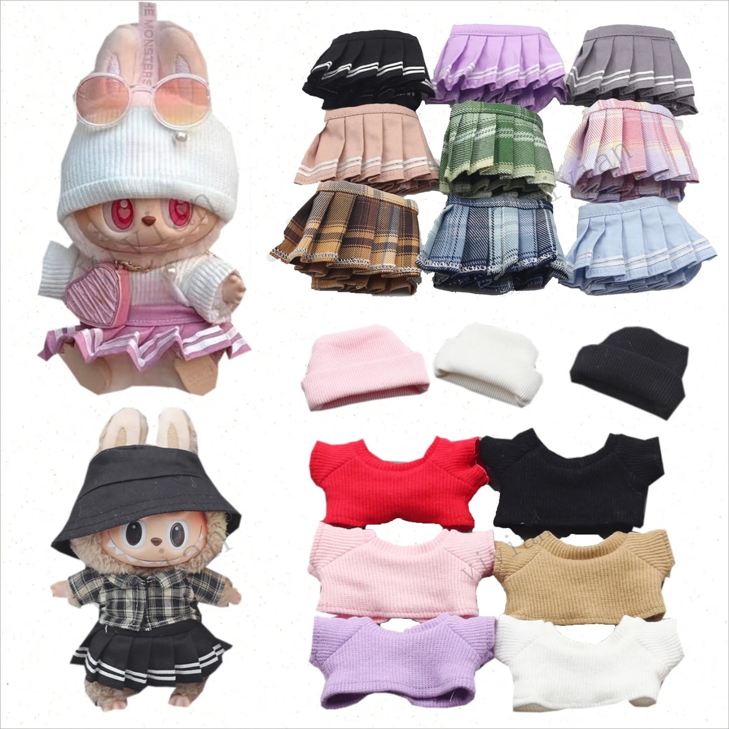 Mini Doll Clothes Outfit Set - Knitting T-shirt, Hat, Pleated Skirt & Uniform for 15-17cm Labubu Dolls